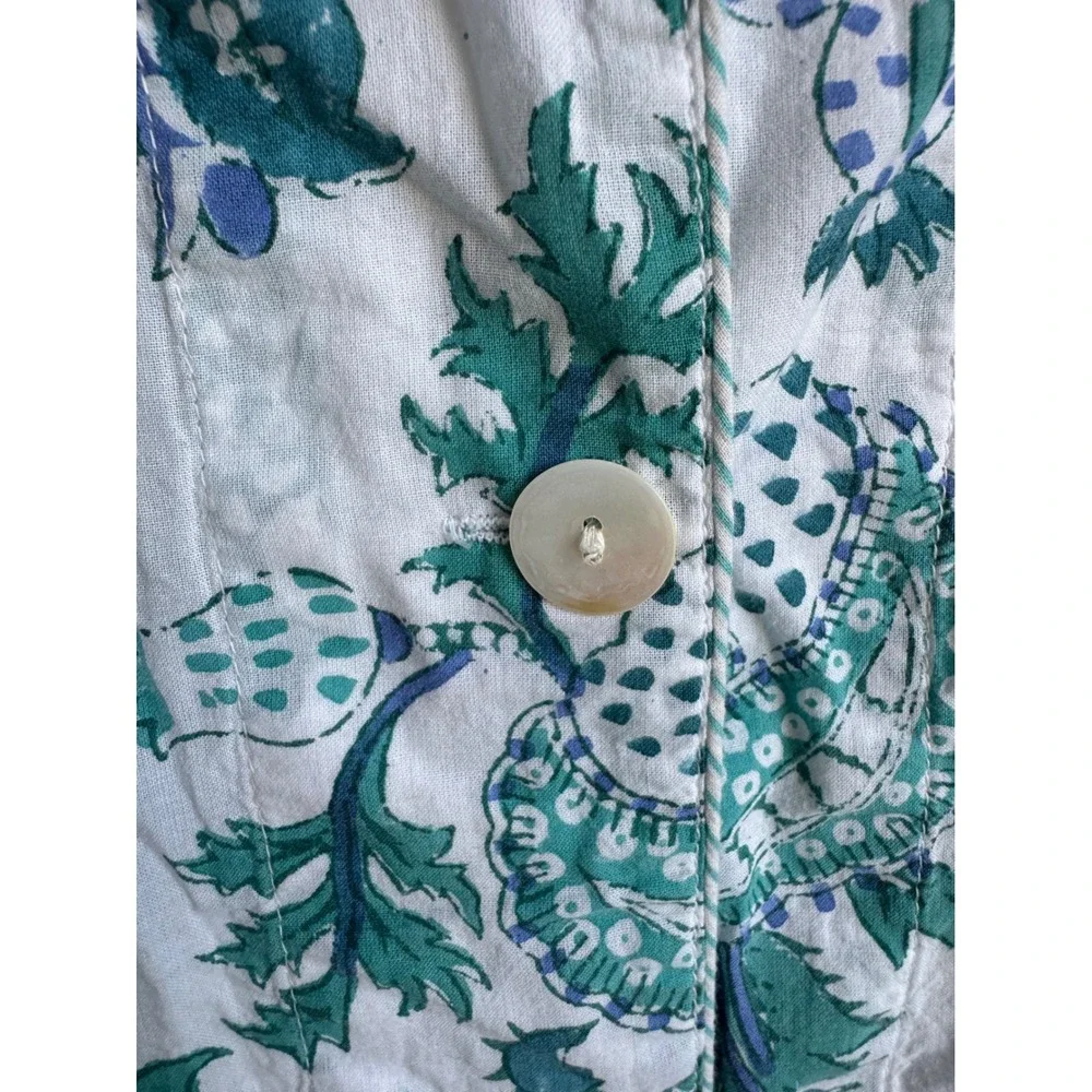 Roller Rabbit Blue Green Block Print Floral Cotton Pajama Top M Boho Prep pocket